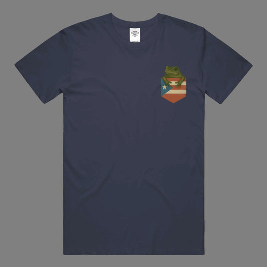 Navy blue t-shirt with a small graphic on the chest against a white background